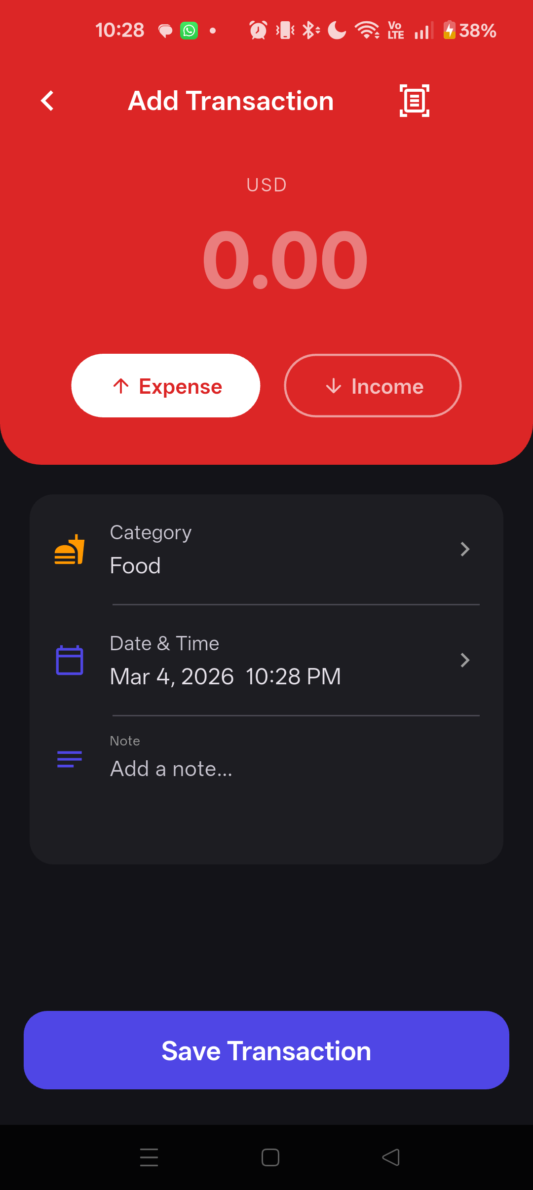 Expenses Tracker Add Transaction screen
